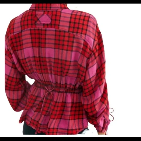 New We The Free People Red Plaid Combo Boho Gathered Peplum Top NWT - Picture 3 of 16